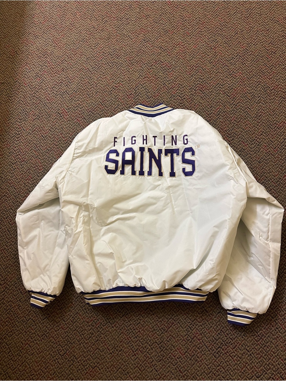 Nike White Bomber Jacket with Purple Trim "Fighting Saints"